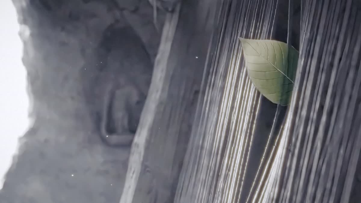 A single green leaf caught in the warp threads, the only colour in a grey world