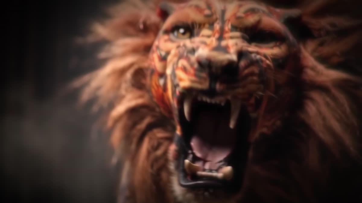 The woven lion roaring, its coat a Persian carpet