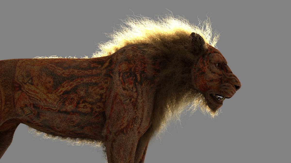The lion rendered with groomed fur